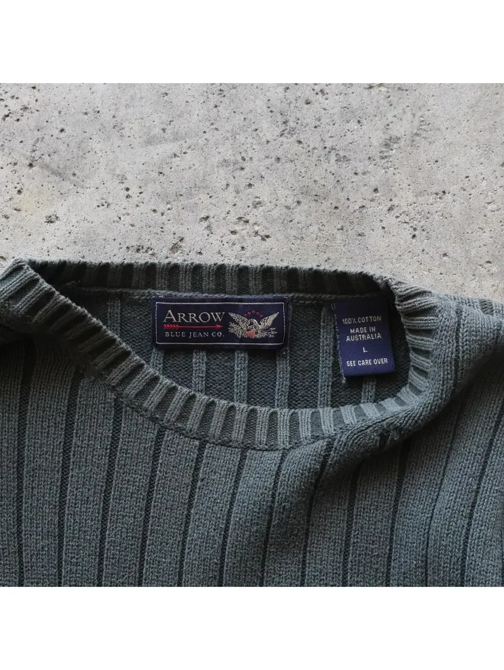 Vintage Arrow Blue Jean Co Ribbed Sweater‎ Mens L Green Cotton Made Australia